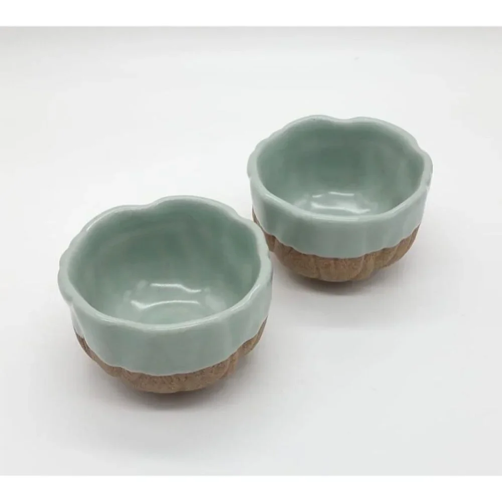 2 Small Celadon Flower Bloom Two-Tone Ceramic Bowls